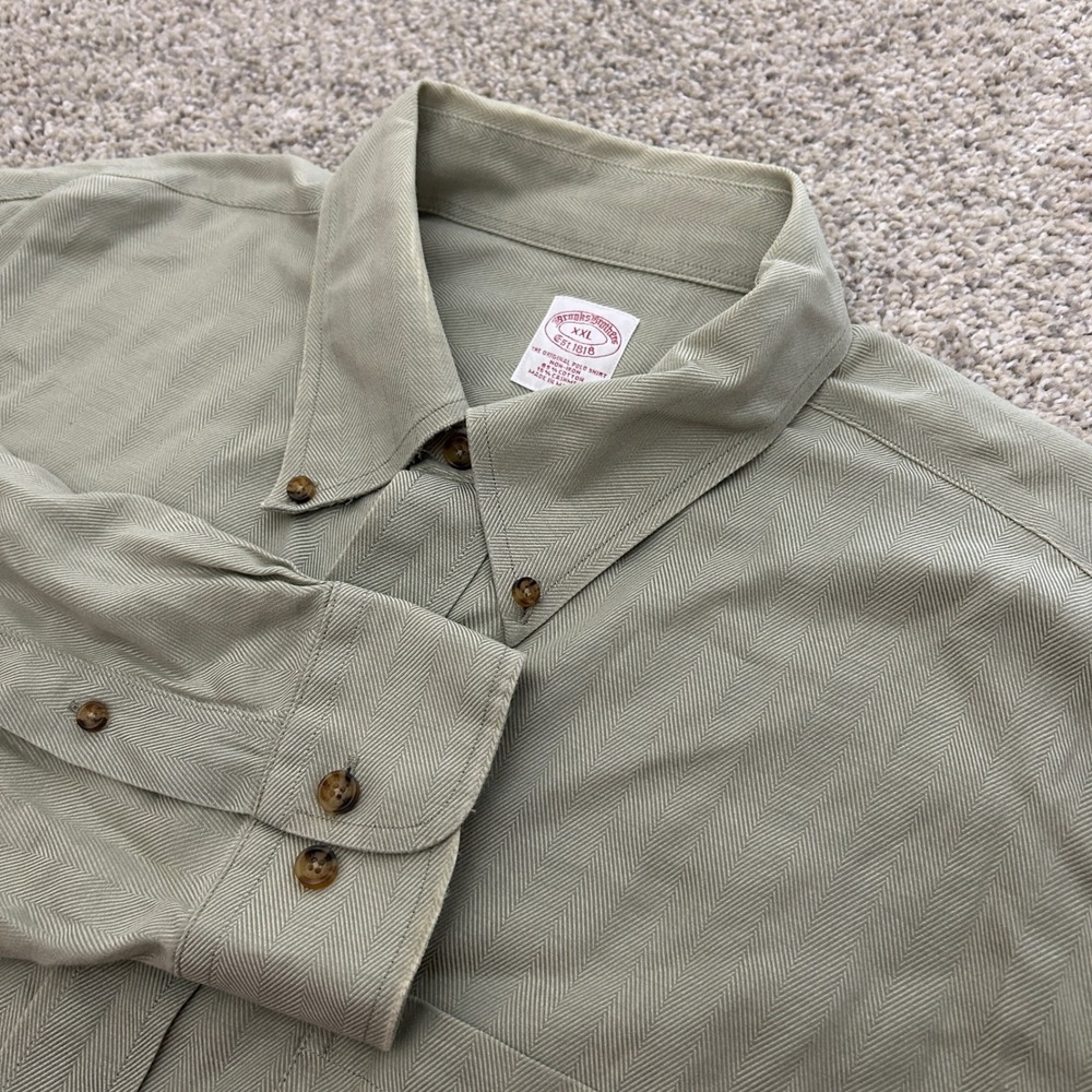 Brooks Brothers Button Down XXL Green Cotton Cashmere Herringbone Non-Iron Shirt